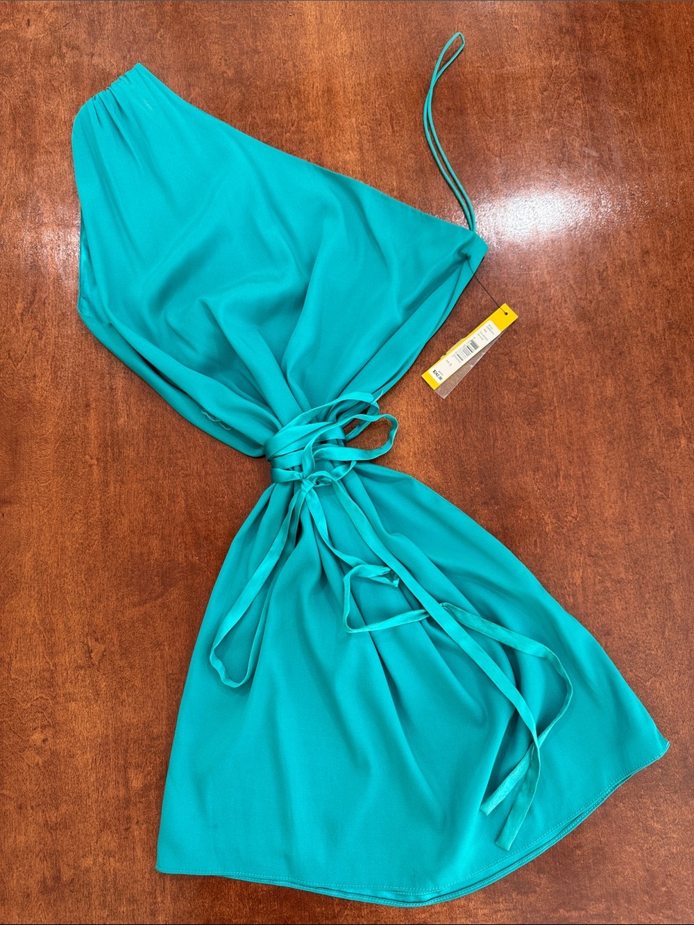 Alice + Olivia Teal Draped One-Shoulder Ribbon Tie Dress